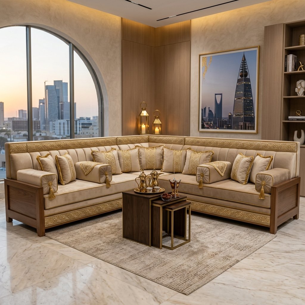 مجلس عربي ملكي فخم بتطريز مذهب وإسفنج دنلوب